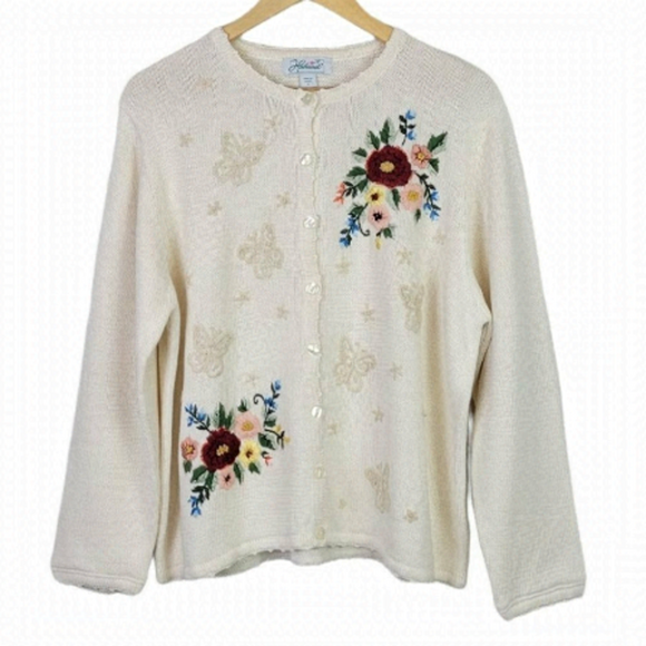EMBROIDERED Grandma Knit Cardigan Floral Butterfly L Haband Vintage - Picture 1 of 16